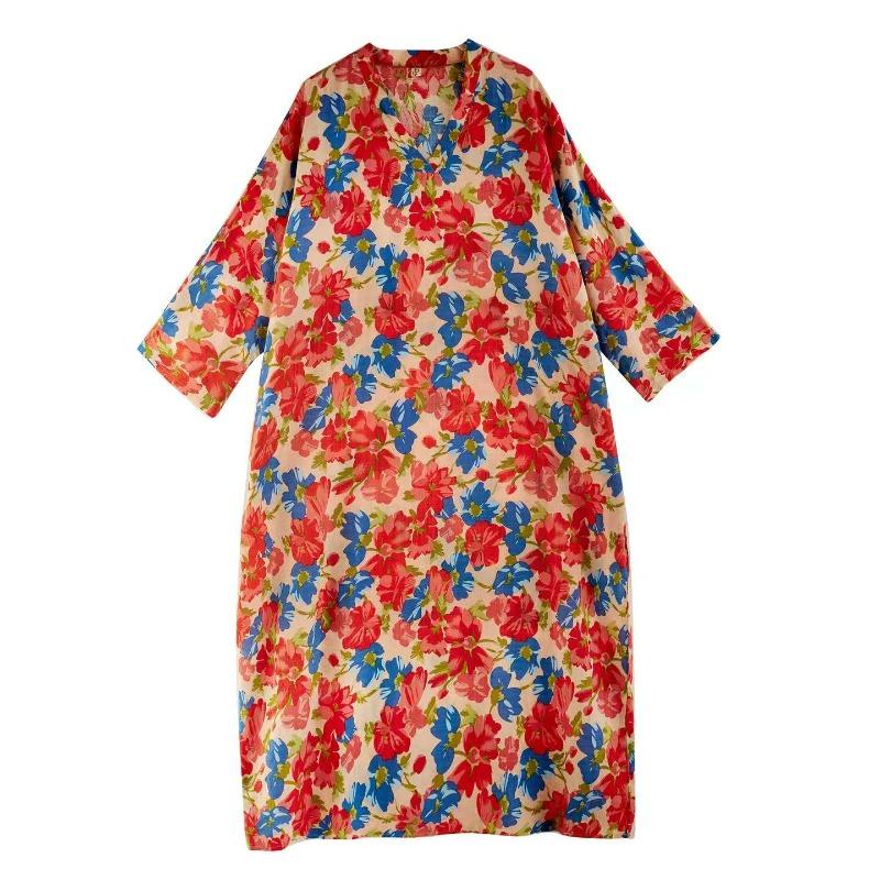 Dimanaf 2025 Women Spring Loose Dress Plus Size Basic Beach Printing Floral Casual Long Vintage Linen Dress