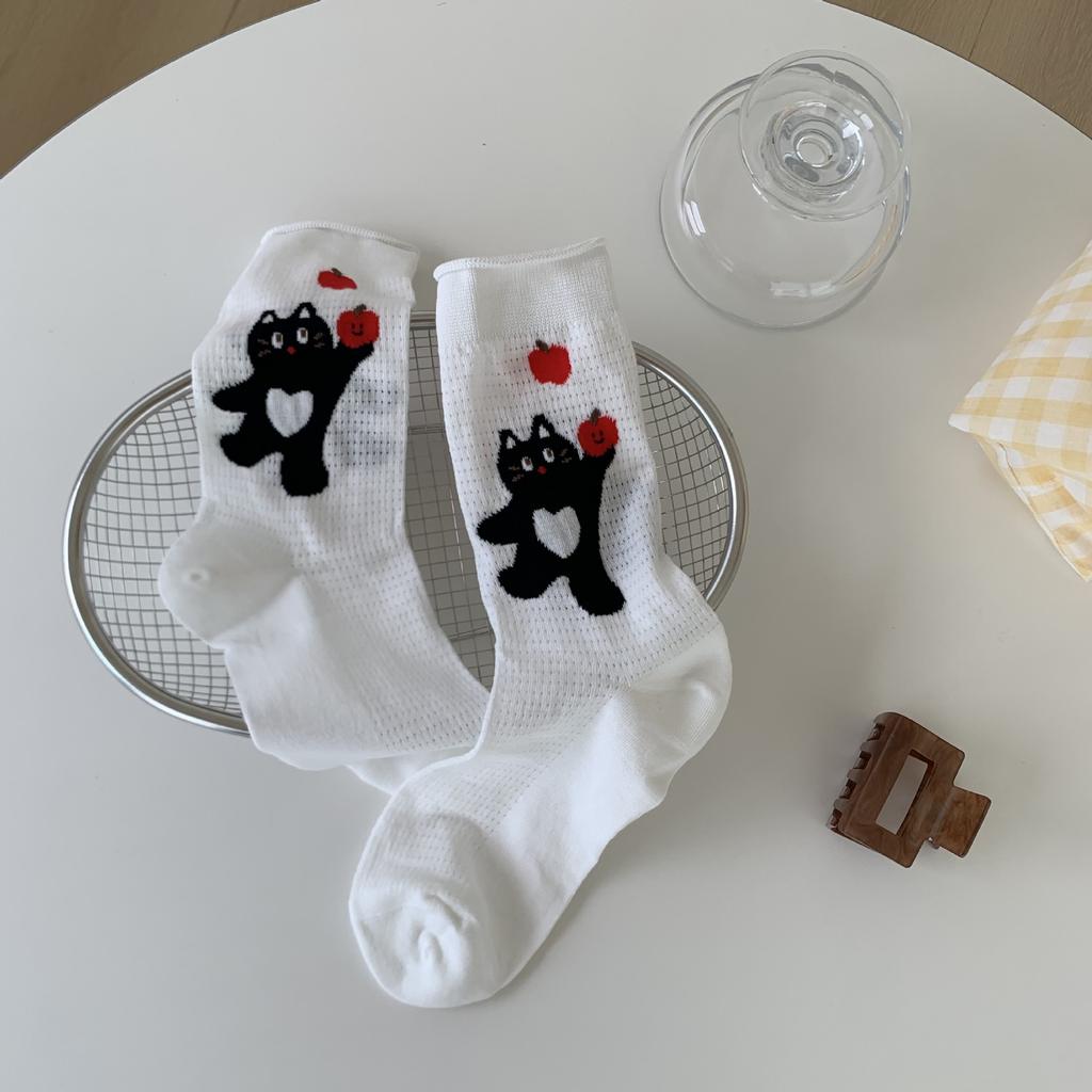Cute Cat Short Medium Tube Socks Thin Striped Versatile Mesh Breathable Curled Socks