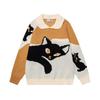 Unisex Oversized Loose Fit Acrylic Knit Sweater With Collar Retro American Style Colorblock Cat Print Fall Casual Wear