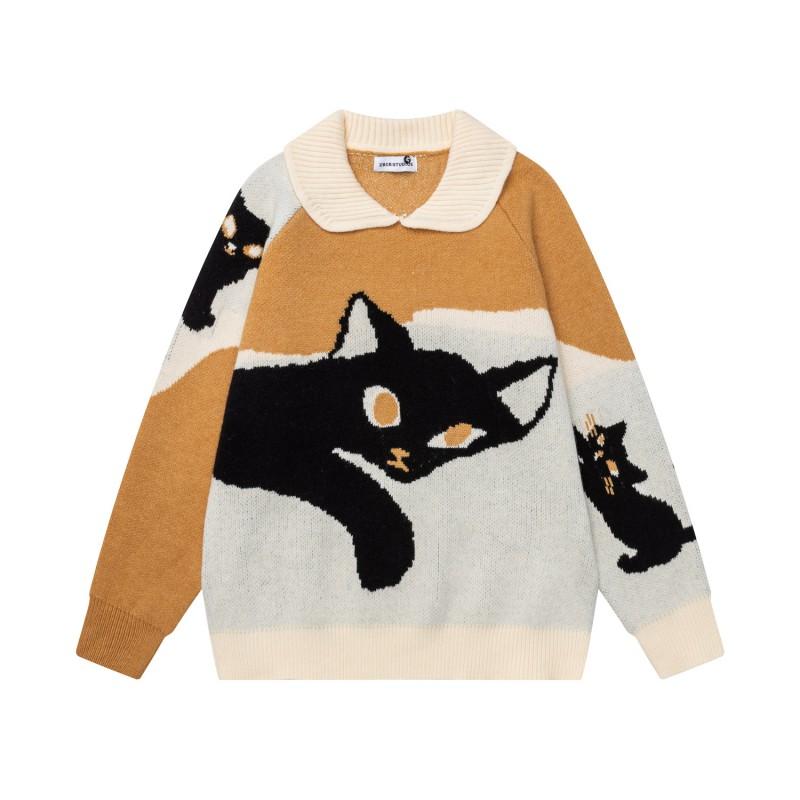 Unisex Oversized Loose Fit Acrylic Knit Sweater With Collar Retro American Style Colorblock Cat Print Fall Casual Wear