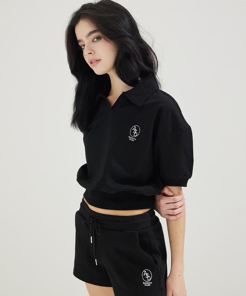 AWESOME STUDIO Collared Crop Short Sleeve Tee Black