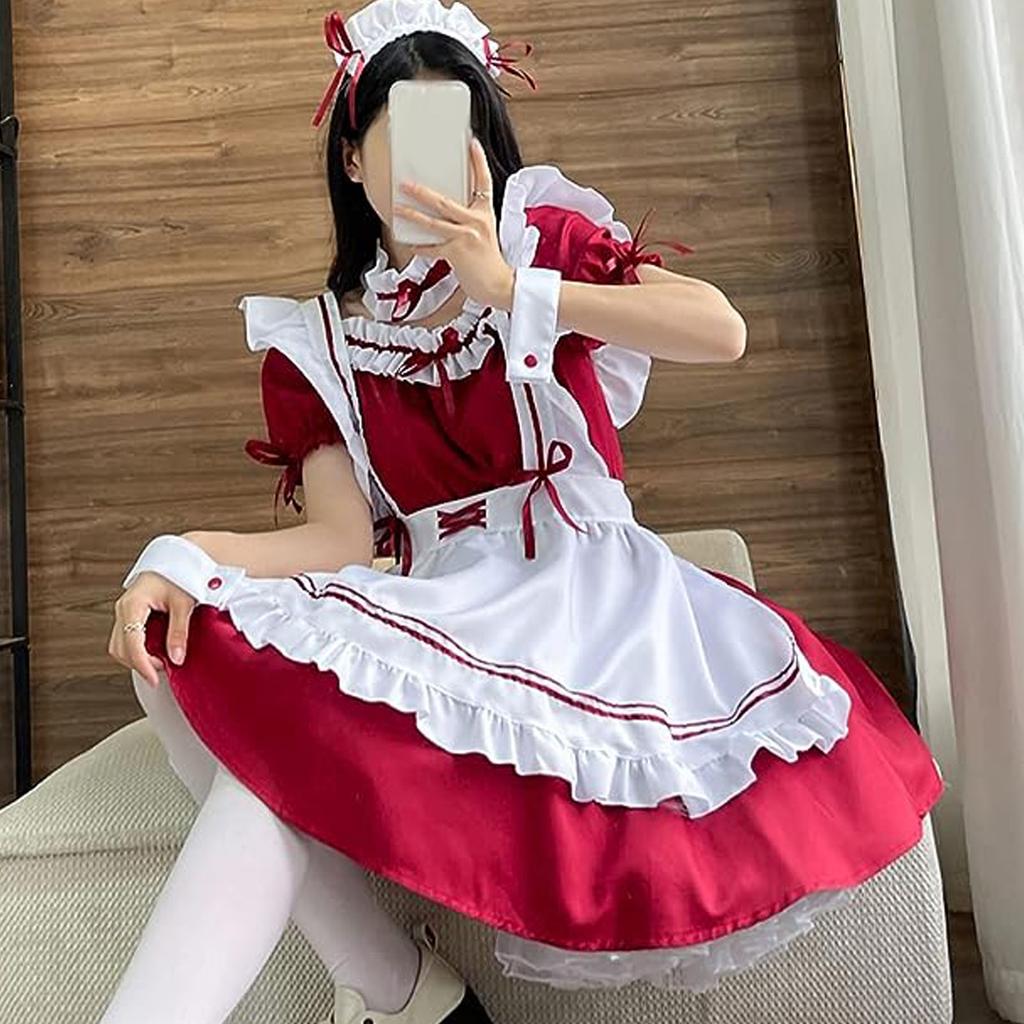 Maid Costume Ruffle Frill Trim Cute Bow Apron Dress Cosplay Makeup Outfit with Headwear Neck Leg