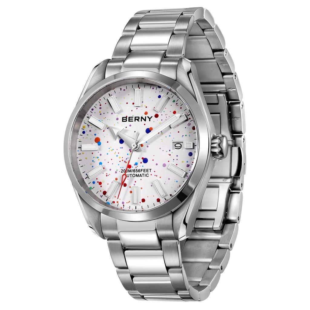 BERNY Автоматические 200М Водонепроницаемые Супер Люминесцентные Полностью из Нержавеющей Стали Аналоговые Сапфировое Стекло Календарь Включен Мужские Часы, Водонепроницаемые, Серебристые, Стальные, Часы, Кристалл,
