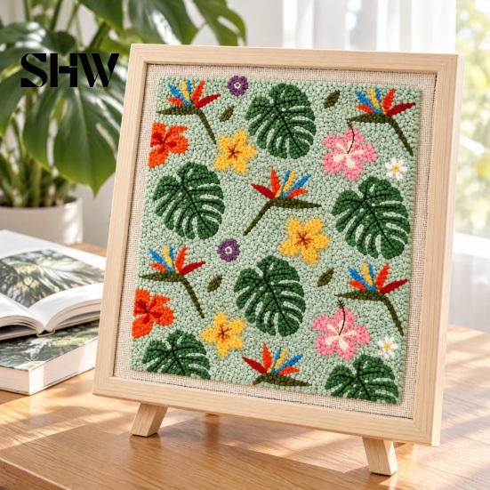 Linen Fabric Embroidery Project Floral Punch Needle Kit with Wooden Frame, DIY Flower Art, Tulip Pattern Starter Craft for Beginners, Wall Hanging
