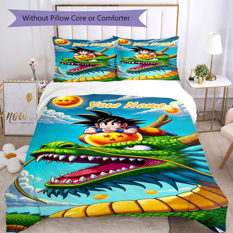 3PC Custom Name Dragon Ball Adventure Bedding Set Printed Bedding Set Duvet Cover Closure Includes 1 Duvet Cover & 2 Pillowcases for All Seasons Bedro