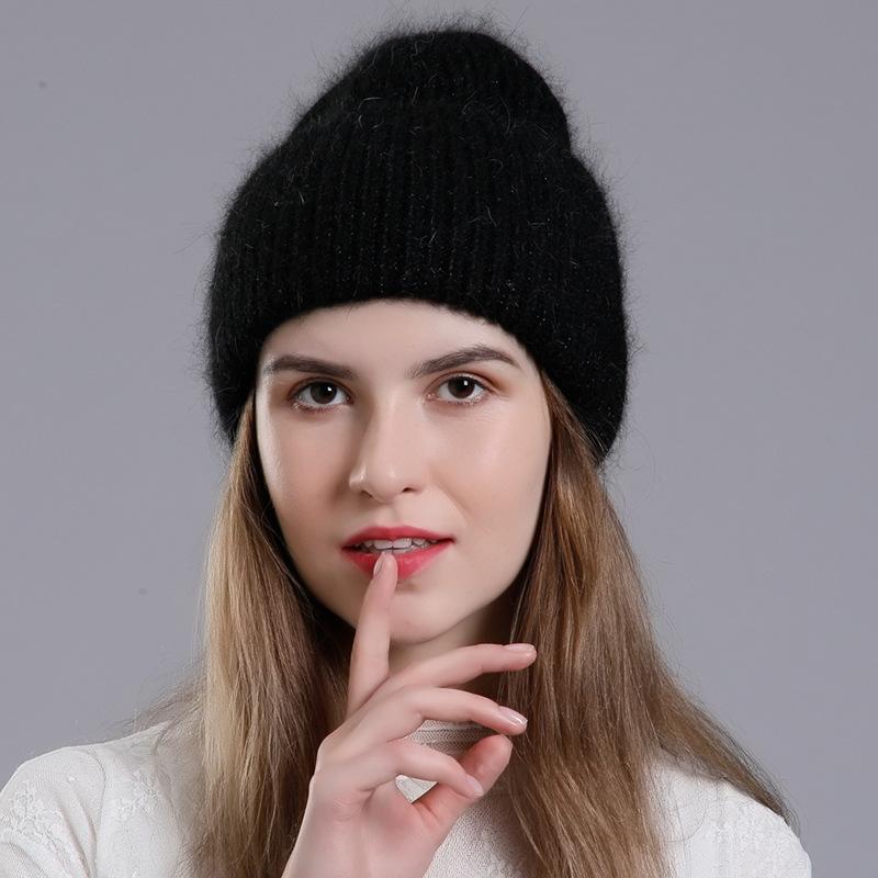 Женская зимняя теплая вязаная шерстяная универсальная шапка-пуловер с высокими фланцами и блестками из кроличьей шерсти