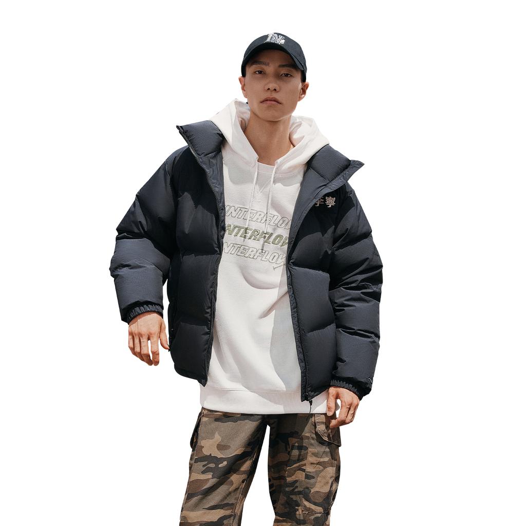 Серия пуховиков Li Ning Hot Pot с буквенной молнией, воротником-стойкой, удобные, дышащие, повседневные, унисекс, верхняя одежда, черный AYMV855-1