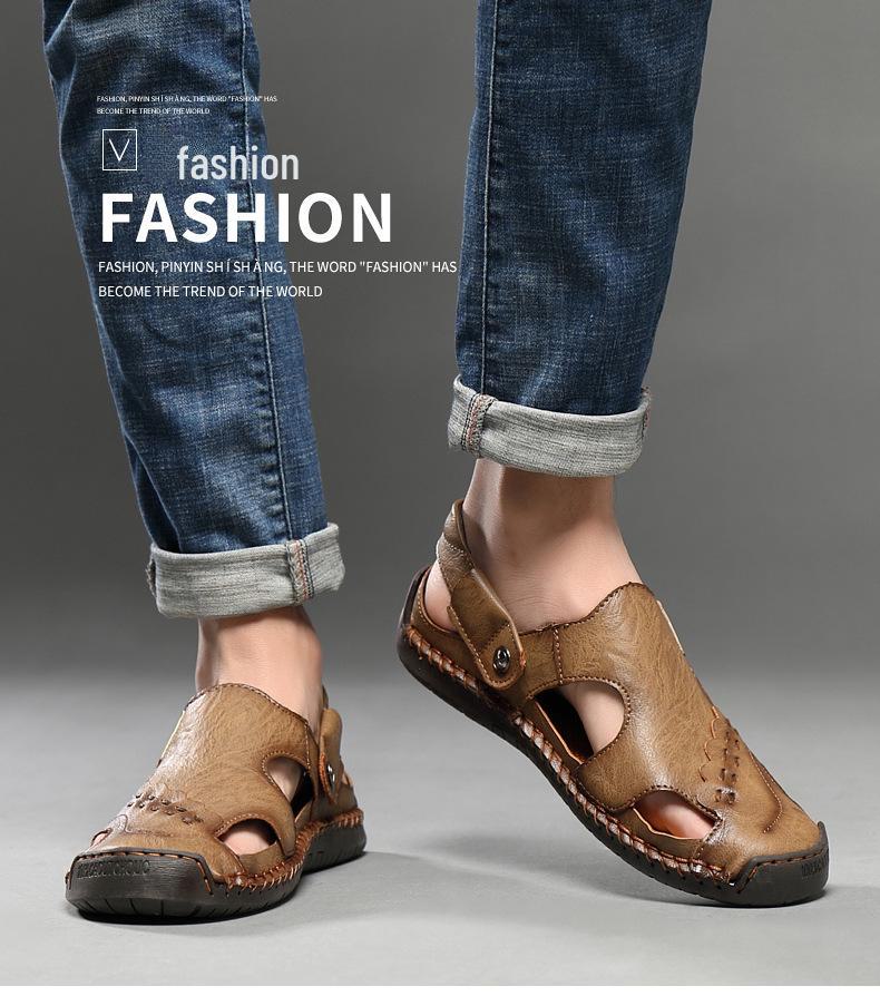 Мужские сандалии Baotou из натуральной кожи Cross-Border: Нескользящая обувь с мягкой подошвой, двойного назначения: для отдыха на природе и повседневного отдыха на пляже.