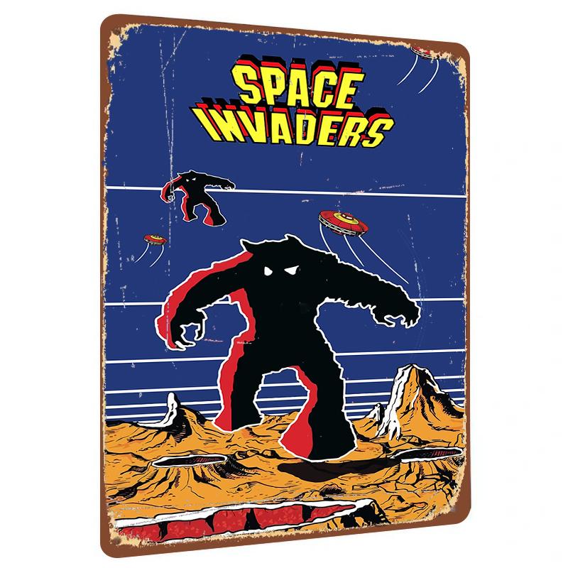 Vintage Space Invaders Metal Wall Art Sci Fi Monster Alien UFO Decorative Painting