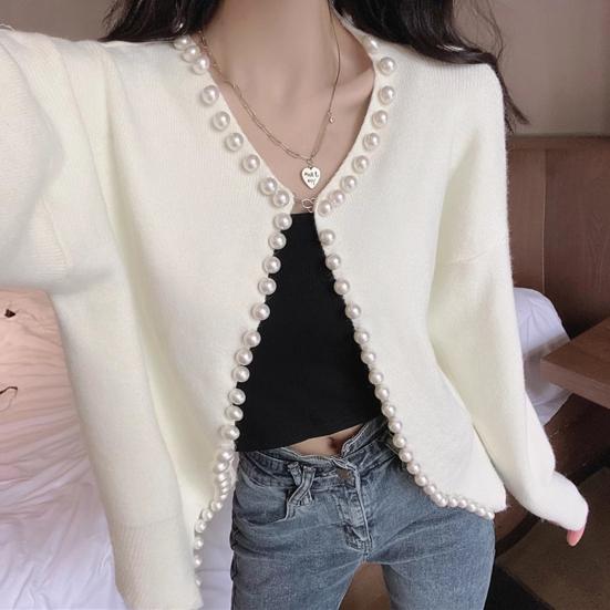 Вязаный кардиган с открытым передом, круглым воротником, длинными рукавами, свитером, пальто с отделкой из искусственного жемчуга, однотонная теплая верхняя одежда