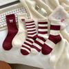 Red Bow Female Elastic Striped Socks Knitted Middle Tube Socks Snow Boot Socks  Christmas Gift