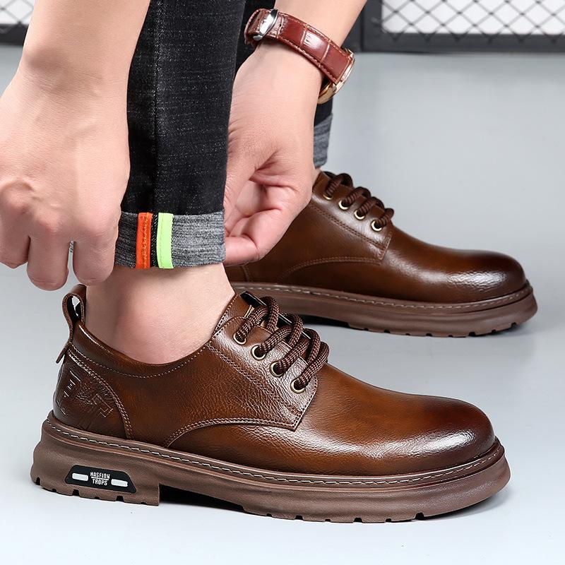 Весенние туфли дерби мужские низкие мартинсы с круглым носком и большой головой черные рабочие ботинки на платформе повседневные кожаные туфли