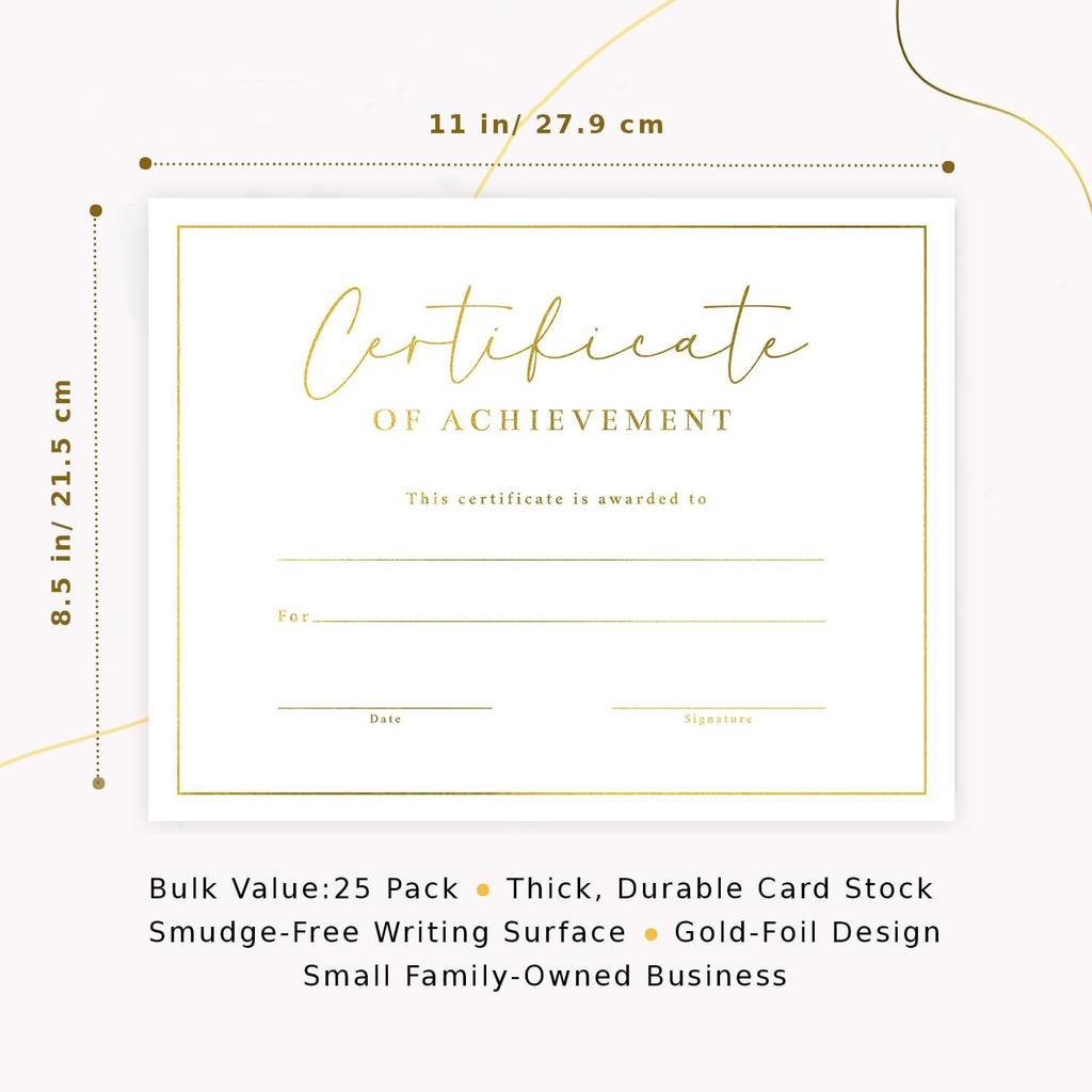 Certificate of Achievement Awards, 25 Blank Certificates of Achievement with Gold Foil Design, 8.5x11", Award Certificates for Students, Recognition,