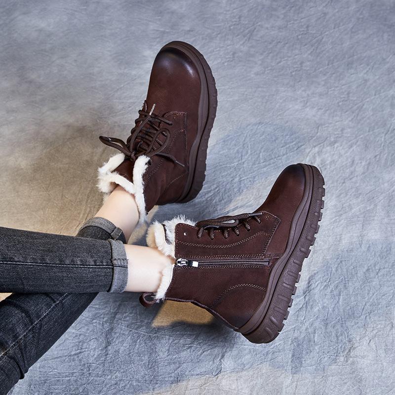 Мода 2025 Новые 5 см Женские ботинки из натуральной кожи Женские ботинки на толстой подошве Теплые хлопковые ботинки зимние ботинки из коровьей кожи первого слоя Винтажные