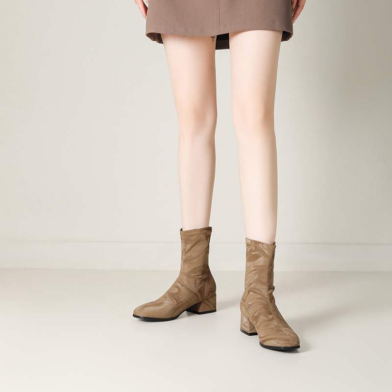 lenkisen PU Autumn Winter Shoes Thick Med Heels Printing Oriental Design Chelsea Boots Keep Warm Patterens Leather Ankle Boots