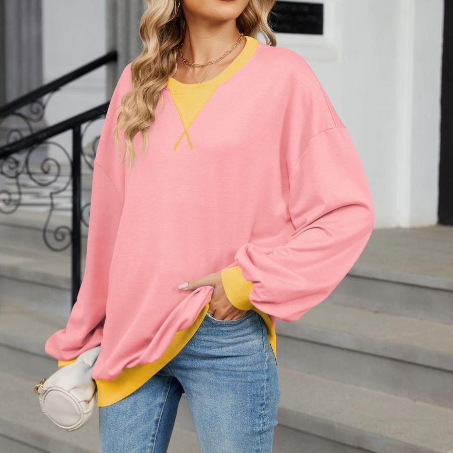 Осенне-зимние пуловеры и длинные рукава женские контрастные цвета с круглым вырезом свободная толстовка больших размеров