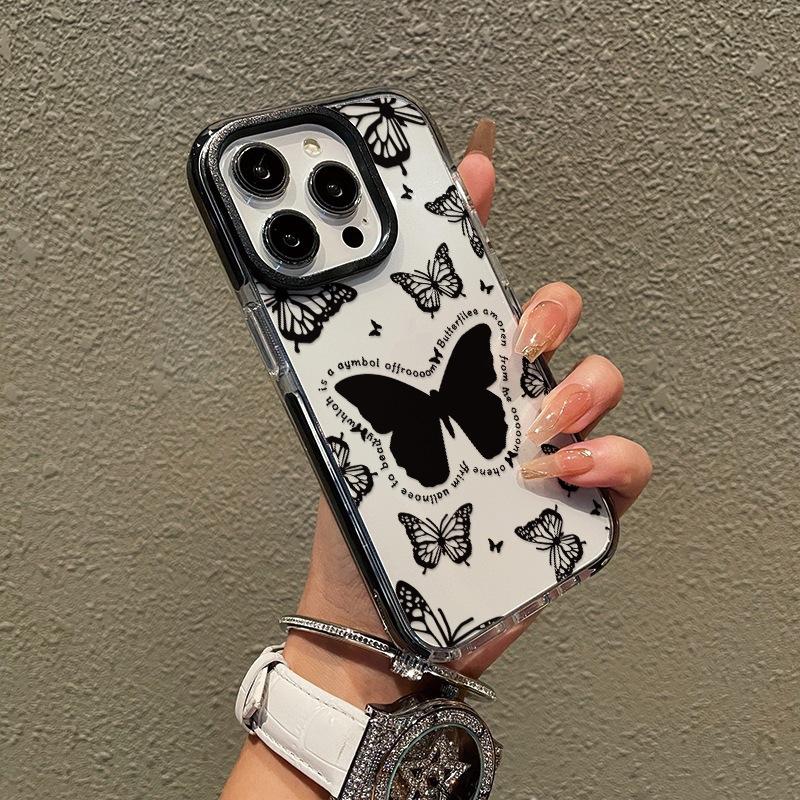 Black butterfly mobile phone case IP13 advanced sense Internet celebrity Apple 15 mobile phone case 14Pro black frame new 12PM