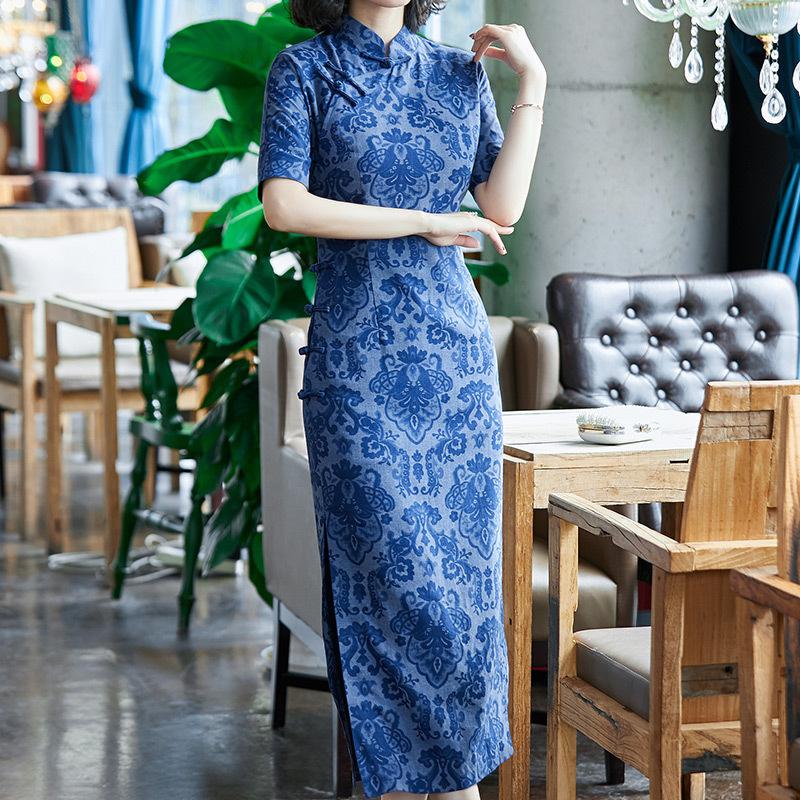 Retro Chinese style women's clothing elegant improved cotton and linen printed cheongsam dress 90019