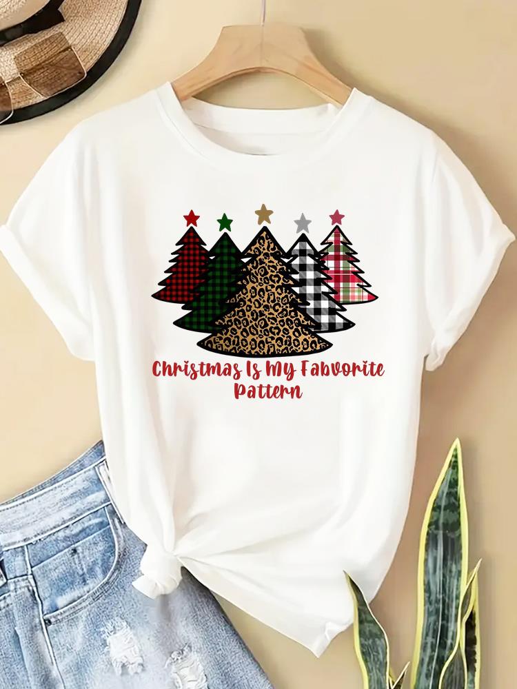 (Asian Size) New Year T Clothing Short Sleeve T-shirts  Print Merry Christmas Plaid Tree Style O-neck Women's Top Fashion Holiday Graphic Tee