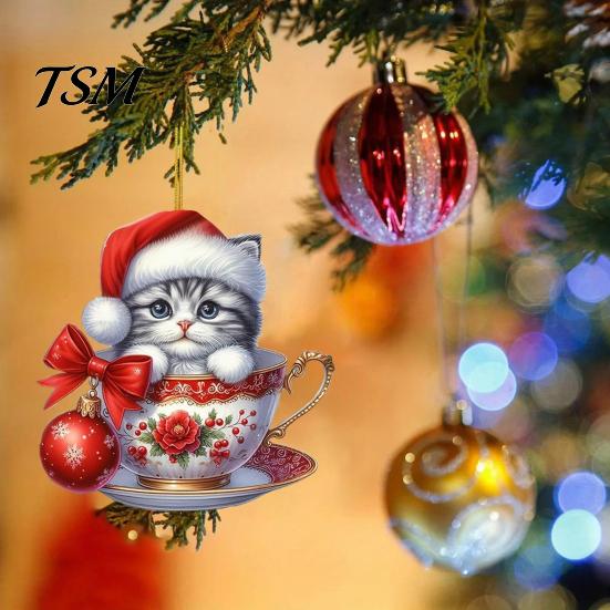 Reusable Christmas Ornaments Acrylic Teacup Cat Hanging Cute Cartoon Ornament Charming Festive Decorations 2D Flat Car Mirror Charm for Tree