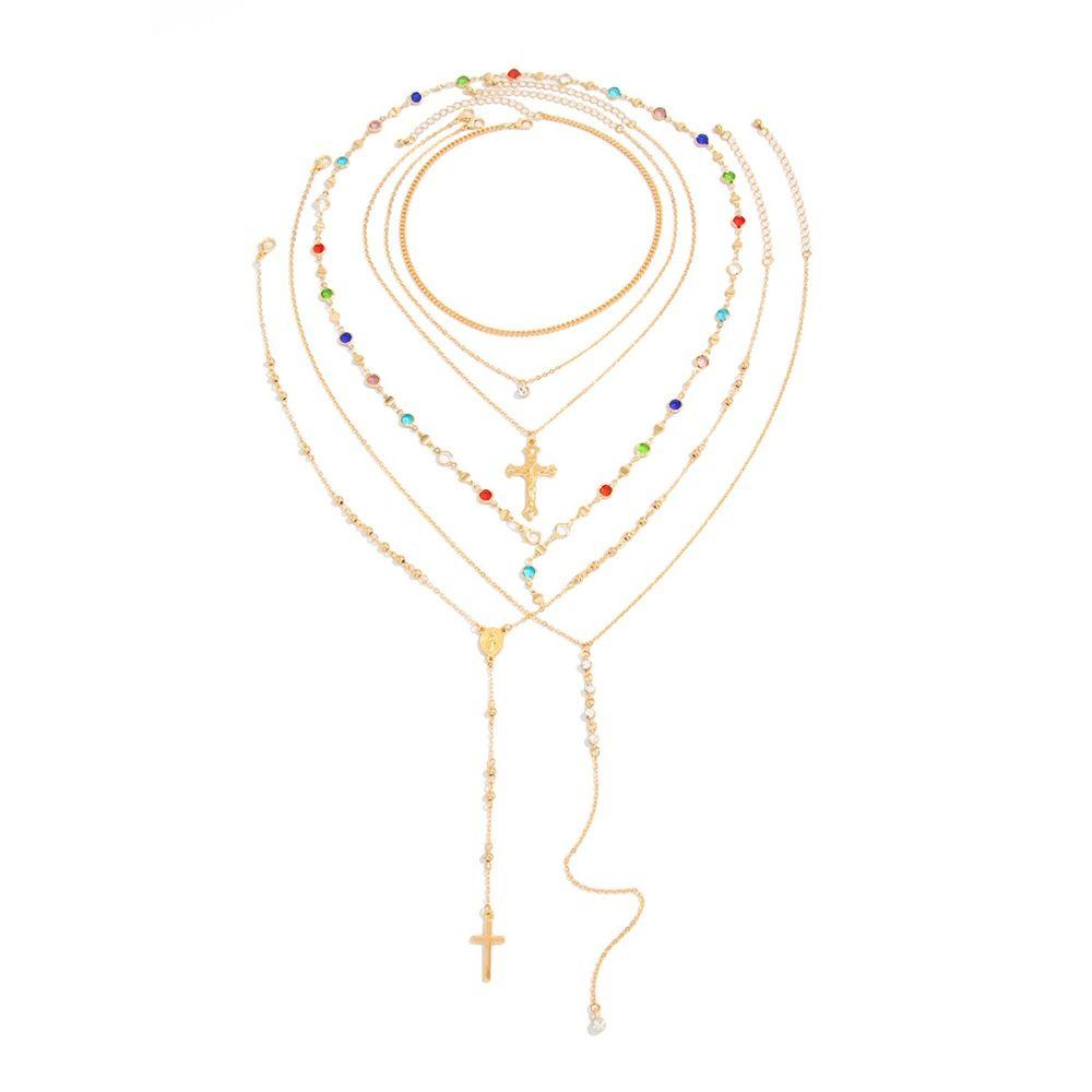 Cross Colorful Crystal Necklace Set Y-Shaped Beads Chain Choker Sea Beach Jewelry