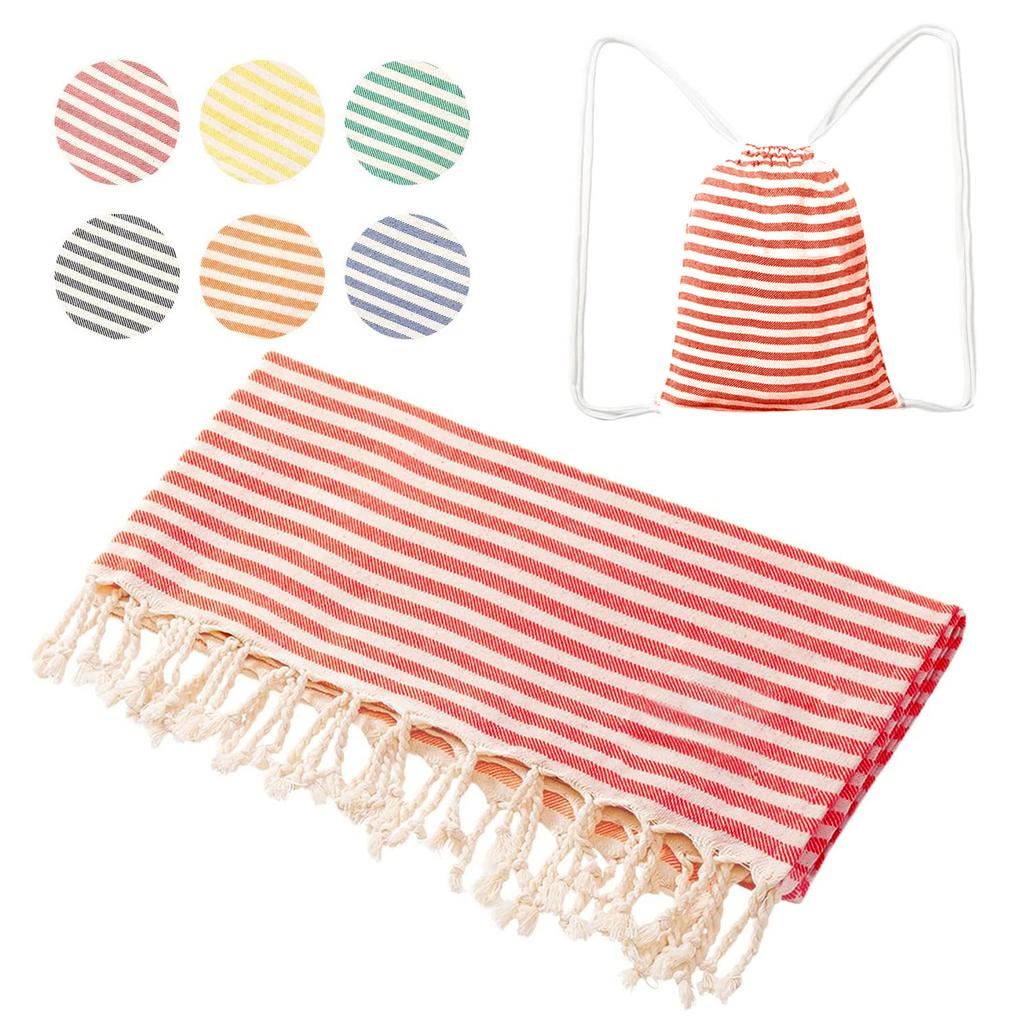 High Quality Custom Cotton Tassel Turkish Hammam Stripe Fouta Beach Towels Bag Printed Summer Use for Bath or Swim