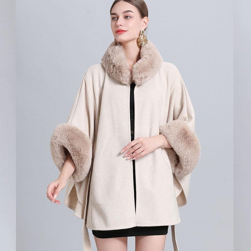 Зимняя женская куртка-накидка с шалью, вязаная кружевная куртка с семиточечными рукавами и меховым воротником, твидовая куртка, кардиган большого размера