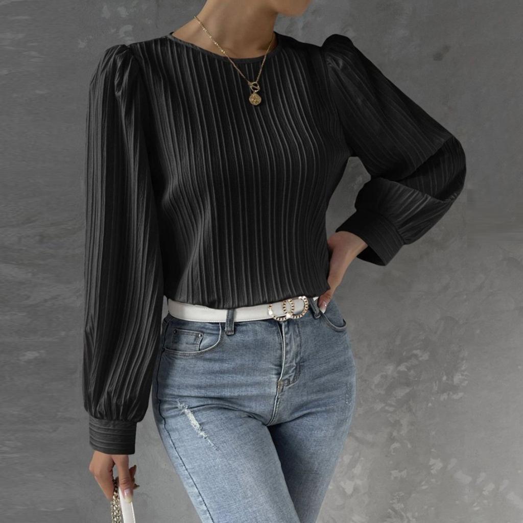 Women's Fashionable Round Neck Long Sleeved Solid Color Loose Shirt Top