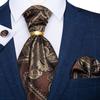 New Design Men Silk Cravat Brown Paisley Ascot Tie Handkerchief Set With Ring Wedding Formal Self Tie Necktie