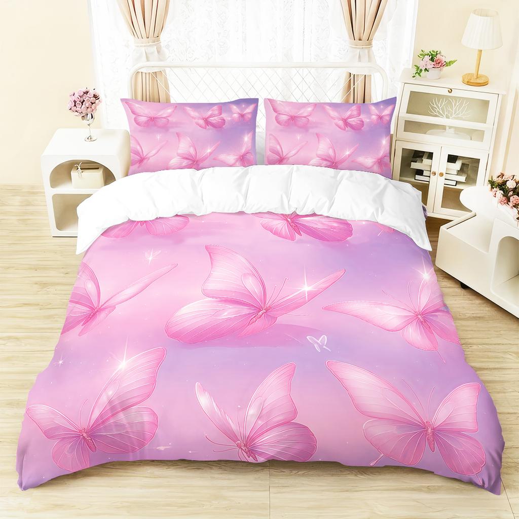 Набор из 3 предметов: пододеяльник с рисунком розовых бабочек + 2 наволочки (без наполнителя). Мягкий и удобный постельный комплект