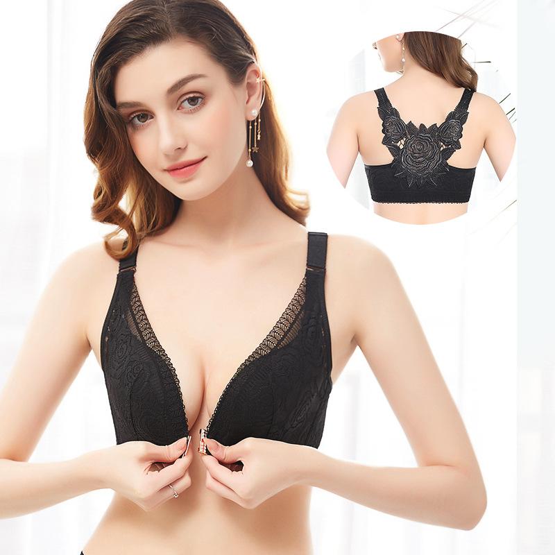 Gathered Adjustable Wire-Free Front-Hook Plus Size Bra with Large Cup and Rose Beautiful Back Lace Sexy Lingerie