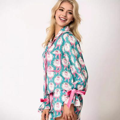 2 шт./комплект рождественской пижамы с отложным воротником, однобортный, с цветным принтом, с бантом, кардиган, топ