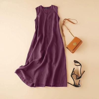 Летнее платье без рукавов Женское V-образное вырезное однотонное платье-сарафан Повседневное свободное вечернее винтажное платье из хлопка и льна