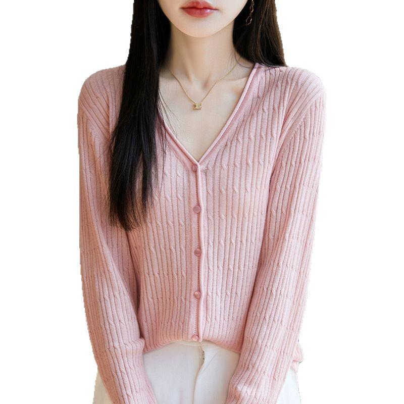 2025 Весна/Лето Женский Шерстяной Шелковый Кардиган Свободной Трикотажи с Длинным Рукавом и V-образным Вырезом