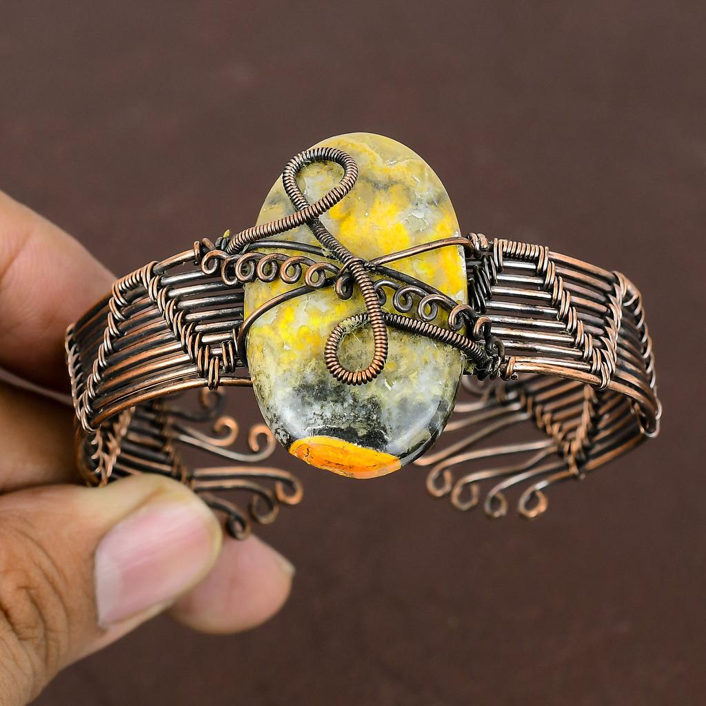 Регулируемый браслет ручной работы из медной проволоки из натуральной шмелиной яшмы n0Z10