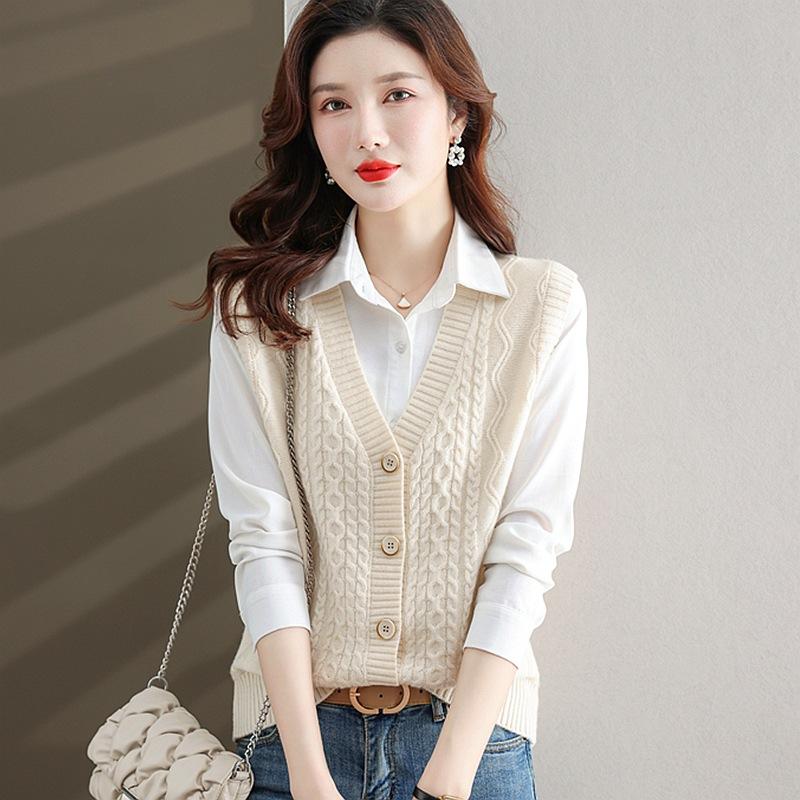 Женский шикарный трикотажный жилет из полиэстера | Жилет-свитер с V-образным вырезом и косами | Однотонный трикотаж без рукавов | Модный многослойный топ на осень/зиму