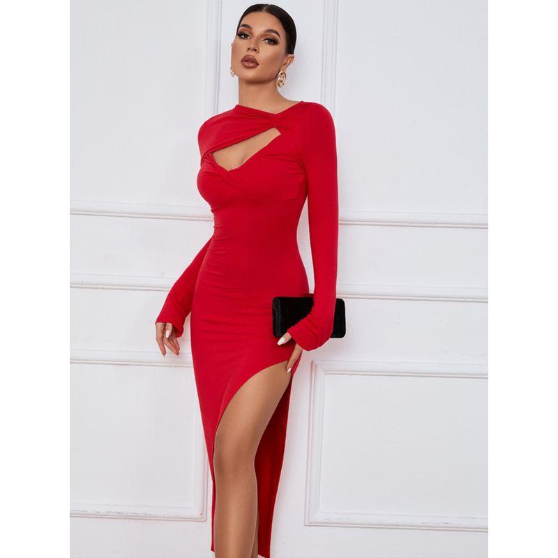 Fall New Arrival Women's Fashion Wind Chest Cut Out Kinky Silm Long Sleeves Dress Sexy High Split Elegant Dress