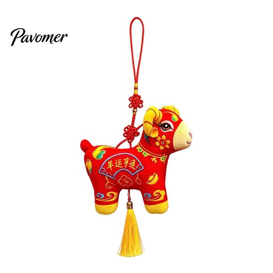 Car Interior Hanging Accessory Chinese New Year Sheep Plush Ornament, Traditional Embroidery Lamb Mascot Gift Pendant with Tassel, Zodiac for