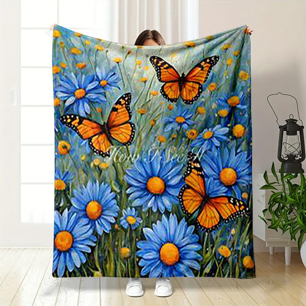 Orange Butterflies with Blue Daisies Flannel blanket for bedroom living room sofa and nap