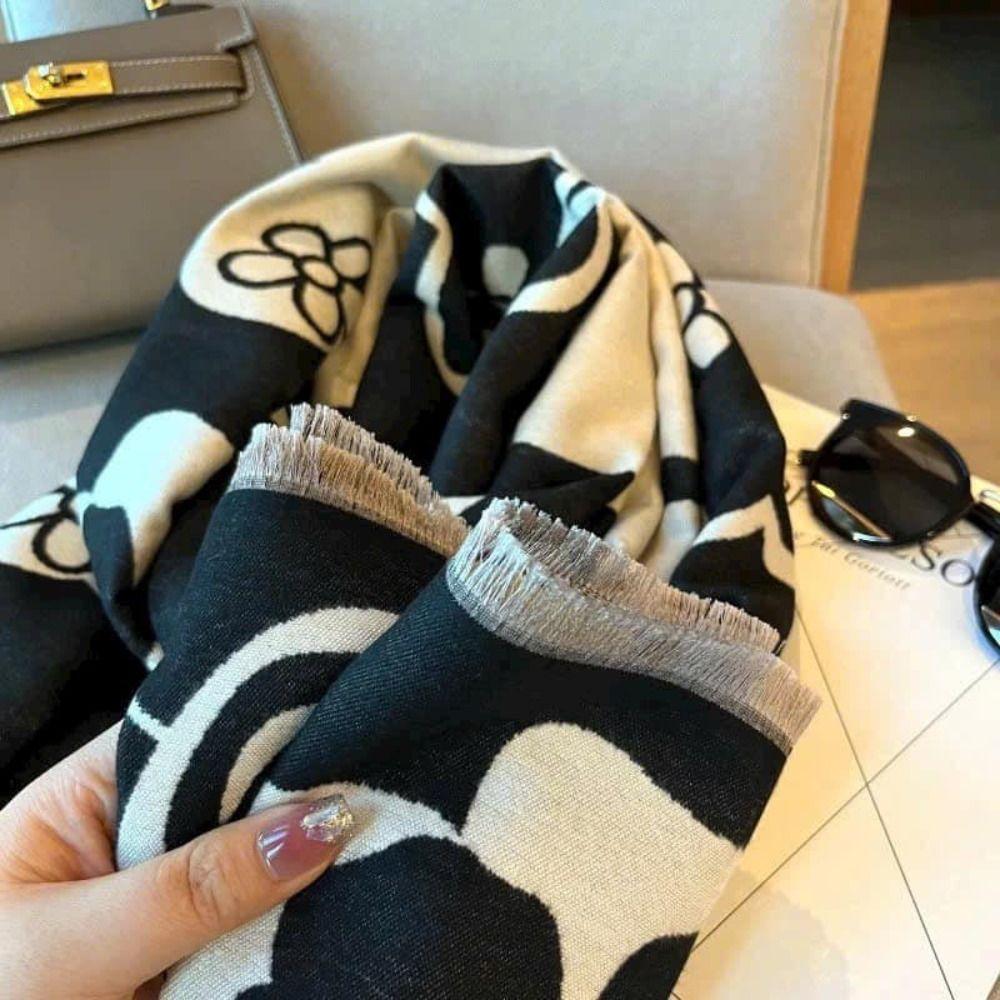 Black White Printed Scarf Camellia Large Wool Shawl Elegant Winter Cashmere Scarves Girl