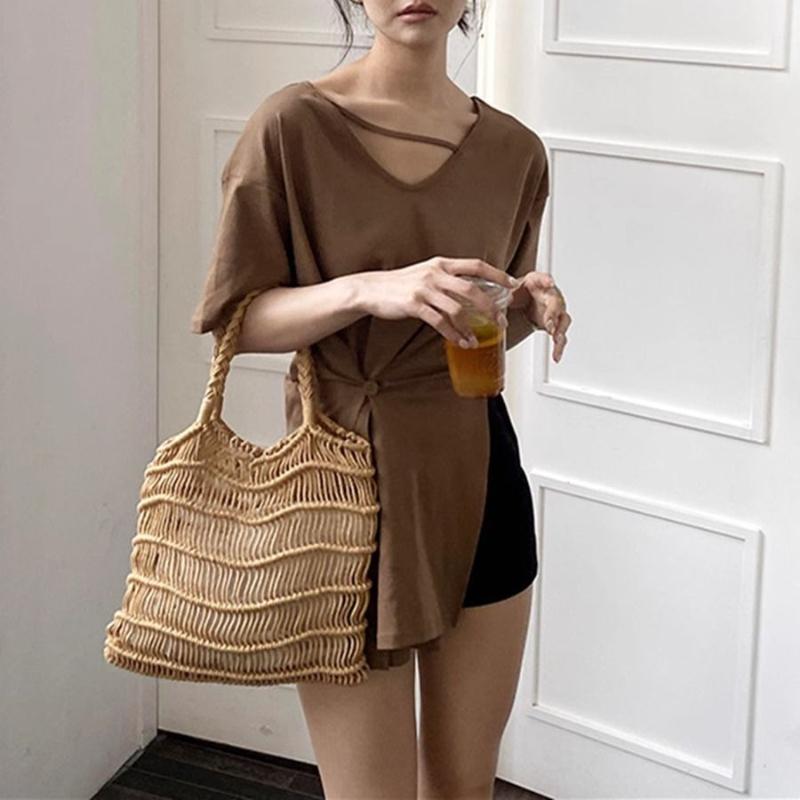 Соломенная плетеная женская сумка из хлопка, ручной работы, для отпуска - Ленивая летняя ажурная пляжная сумка, универсальная сумка под мышкой