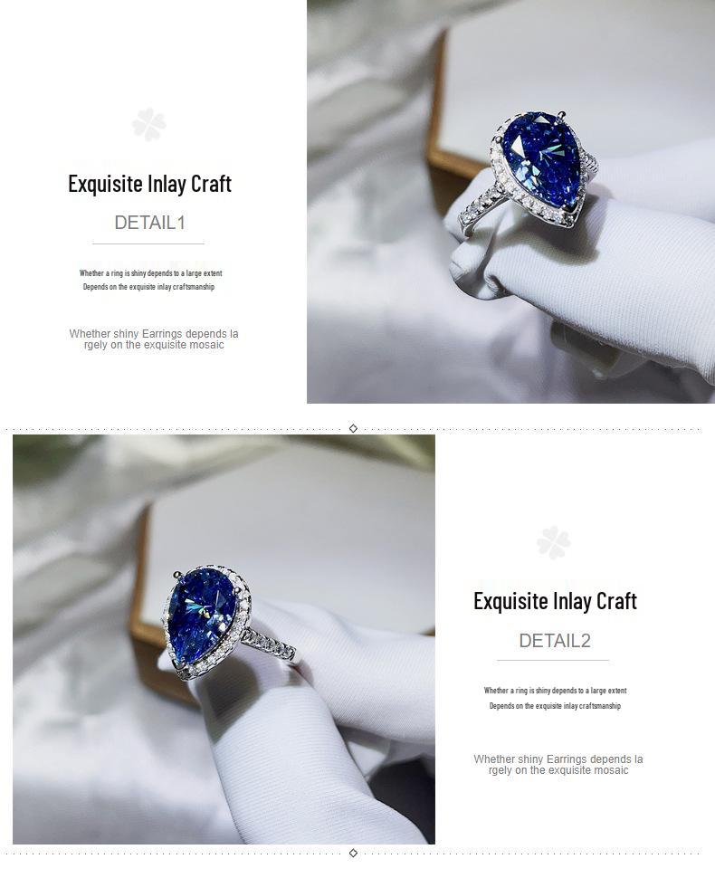Женское кольцо с муассанитом 5 карат цвета Blue Water Drop, огранки «груша» - Стильный европейский и американский модный бестселлер.