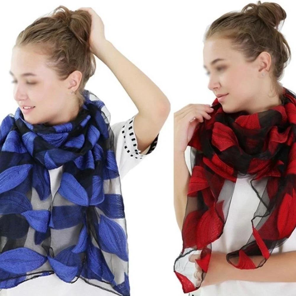 1 Pcs Embroidered Flower Simulation Silk Scarf Transparent Lace Leaf Scarf Sunscreen Shawl Beach Towel Muslim Headscarf