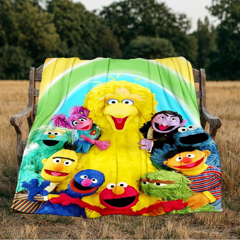 Colorful Sesame Muppets Together Blanket Flannel Throw for Sofa, Indoor, Camping, Living Room, Office, Chair, And Bed Soft Birthday Gift