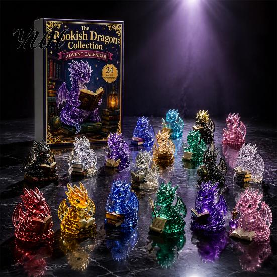 Collectible Dragon Figurines Crystal Advent Calendar 2026, 24 Days Fantasy Reading Book Countdown Calendar, Desktop Decoration for Bookshelves