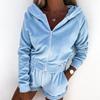 Women Solid Color Long Sleeve V-Neck Hoodies Suit Autumn Winter Loose Top Wide Leg Short Pants