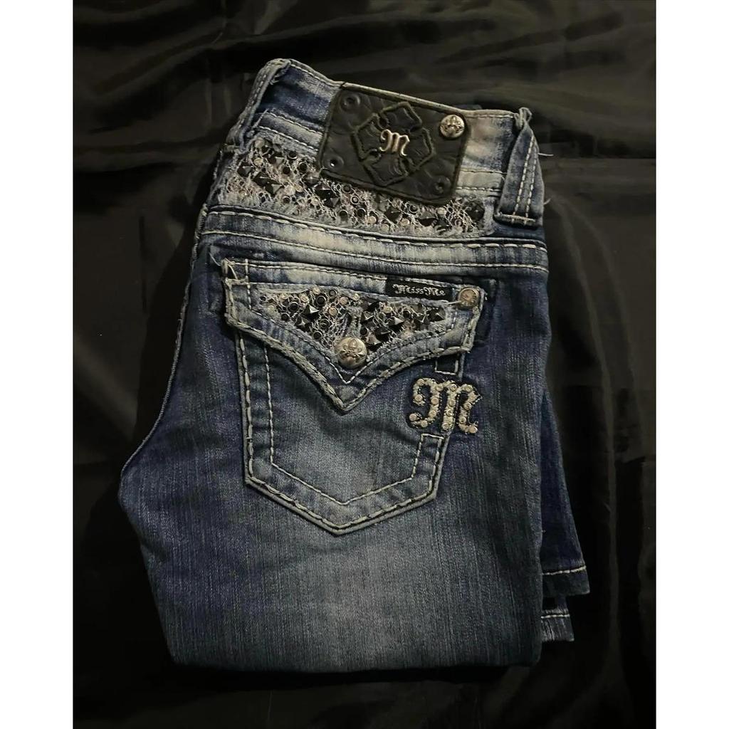 RogueWave Streetwear Винтажные Джинсы Одежда Y2K Женские Винтажные Карманные С пайетками Стирка Синие Свободные Джинсы Средняя Посадка Узкие Брюки