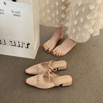 Весна-лето 2025 новая модель с острым носком, тонким каблуком и закрытым носком, полушлепанцы на среднем каблуке с бантом и кружевом, прозрачные прохладные шлепанцы
