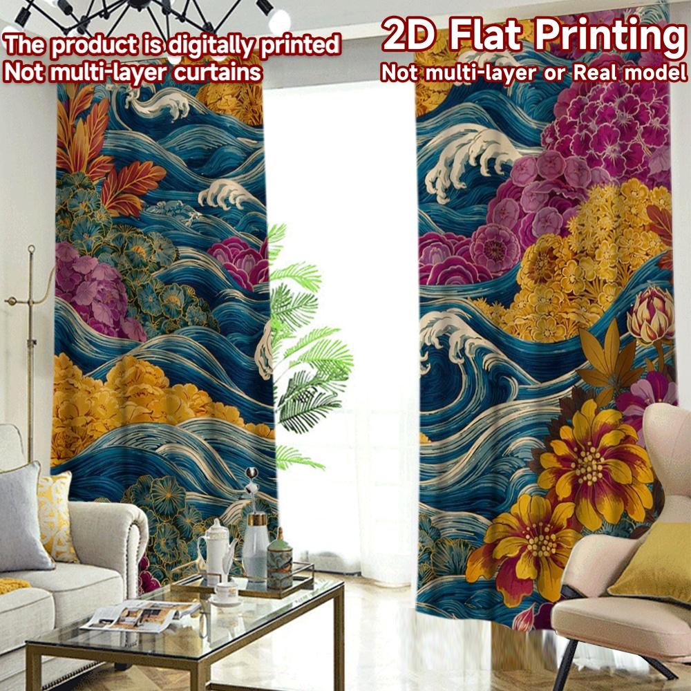 2D FLAT PRINTING 2pcs Curtains (Without Rod) Colorful Waves and Blooms Popular Curtains&Drapes Versatile Fabric Curtains Present