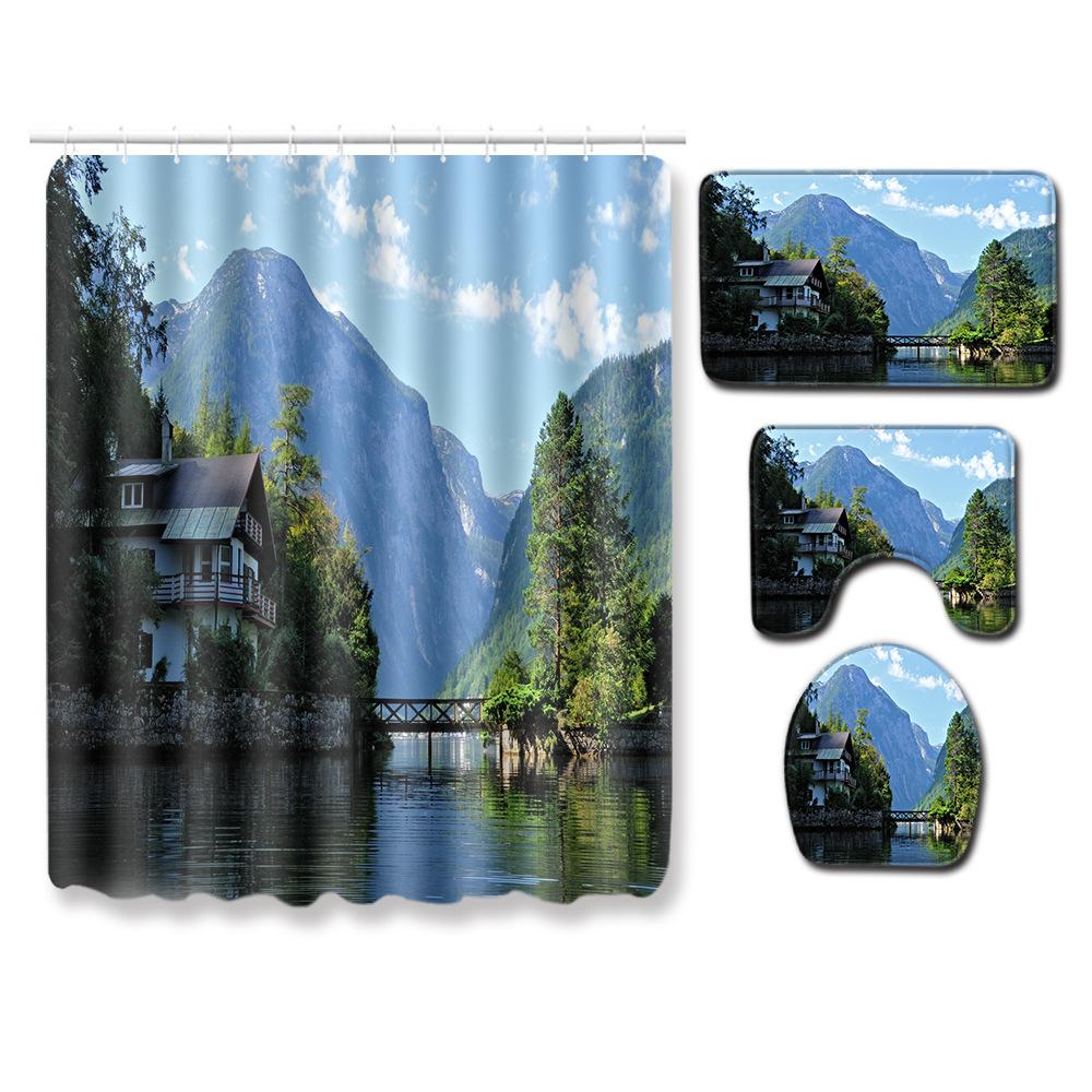 Landscape Shower Curtain Floor Mat Combination Four-Piece Set Bathroom Toilet Carpet Shower Room Mat Foot Mat
